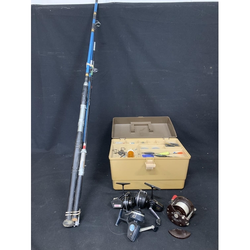 711 - 2 Fishing rod,accessories and box and 4 reels