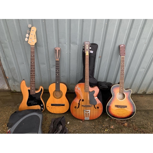 729 - 3 acoustic guitars and 1 electric guitar, all a/f with soft cases