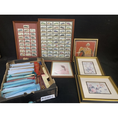 937 - Two  cigarette card pictures, oriental & batiq  pictures plus tray of leather souvenir bookmarks