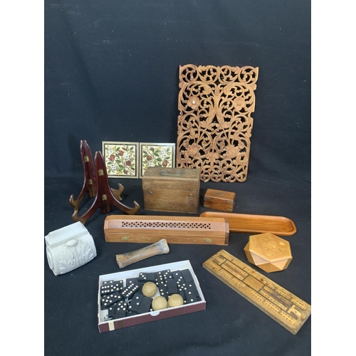 938 - Two Tiles, wooden ware, dominoes and piece of stone carving