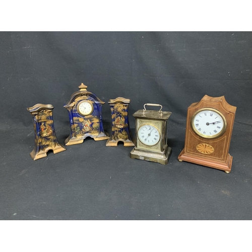 943 - Three piece clock set, Silver plated alarm clock and inlaid wooden clock all a/f