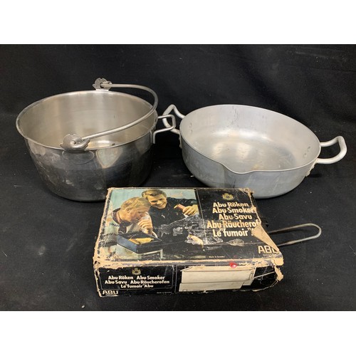 1052 - Two Preserving Pans 31 cms and 37 cms diameter and an Abu-Smoker