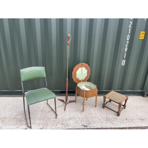 11 - Retro chair, sewing box, oak stool and teak standard lamp