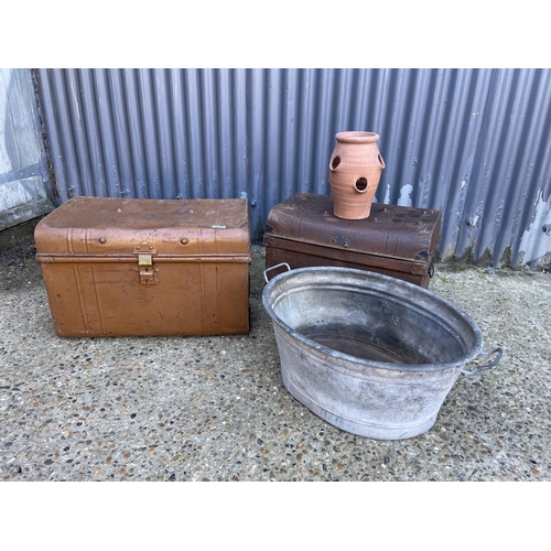 136 - Two deed boxes galvanised bath and terracotta planter