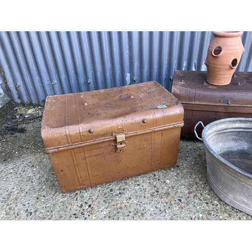 136 - Two deed boxes galvanised bath and terracotta planter