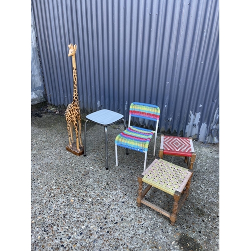 137 - Three retro stools, chair and giraffe