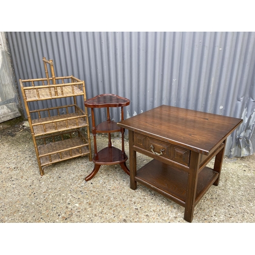 155 - Bamboo two tier stand, oak table and a wine table