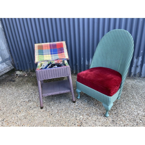 166 - A Lloyd loom chair together with a Lloyd loom sewing box with contents