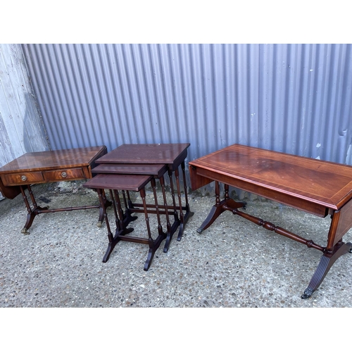 205 - A reproduction mahogany nest of three together with two mahogany side tables