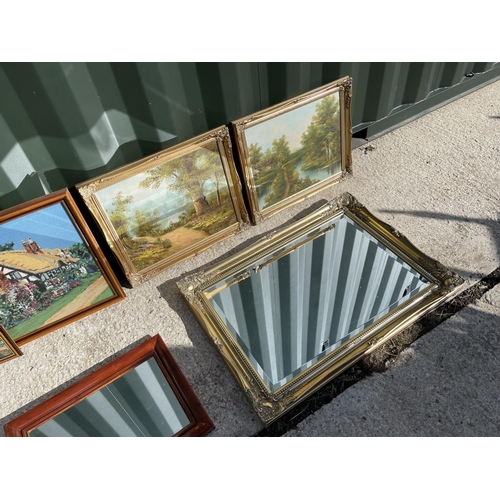 21 - A large gilt framed mirror, smaller mirror, two gilt framed oils and four tapestry cottage scenes