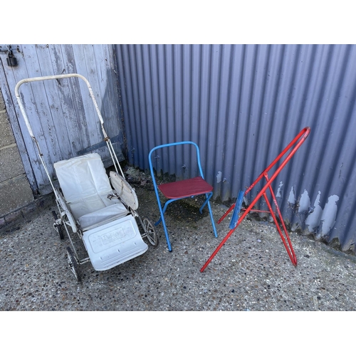 219 - Triang children easel and chair set together with a vintage dolls pram