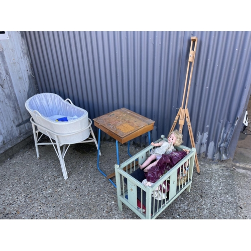 220 - Vintage school desk, two cribs and dolls and an easel