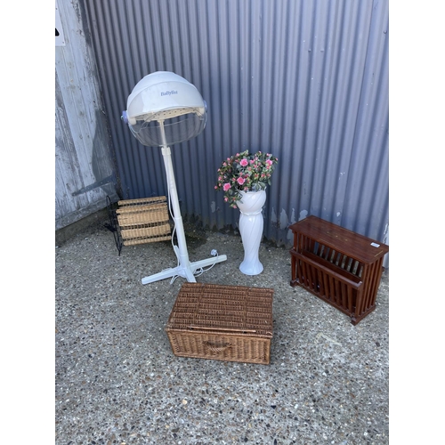 222 - Vintage hair dryer, basket, pot and stand and two magazine racks