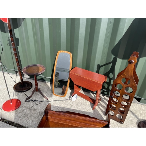 26 - Retro mirror, retro floor lamp, shelf, wine rack table and two lamps