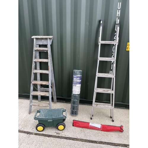 43 - Two pairs of steps, roll of wire, rigid towing bar and trolley