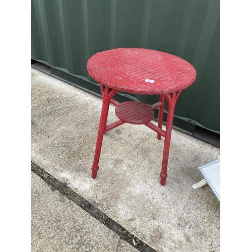 56 - A red painted Lloyd loom table, white linen box and a folding cake stand