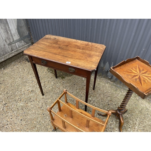 87 - A mahogany single drawer table, inlaid plant stand and a yew book rack