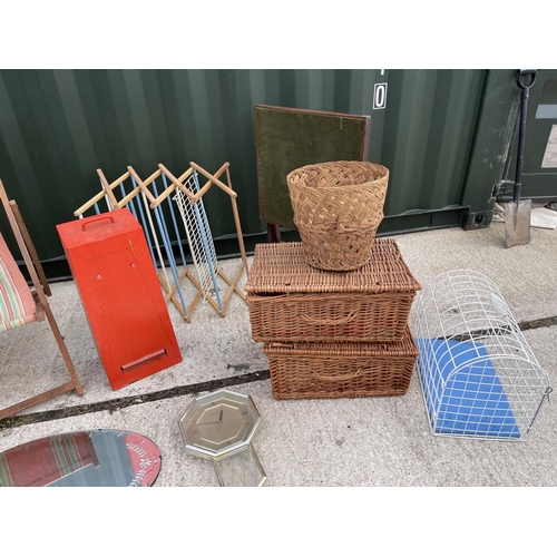 9 - A collection of vintage items including deck chair, two picnic baskets, bin, cat basket, mirror, mag... 