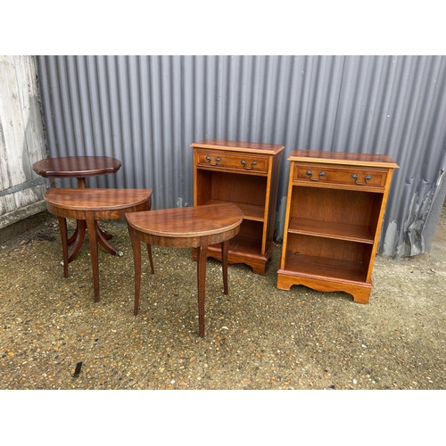 93 - A pair of yew bookcases and three repro side tables