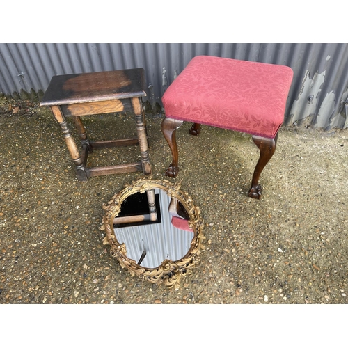 96 - Gilt mirror, red upholstered stool and a joint stool