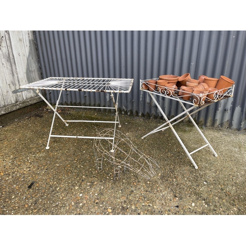 97 - Vintage white painted wirework table together with matching tray top potting table filled with terra... 