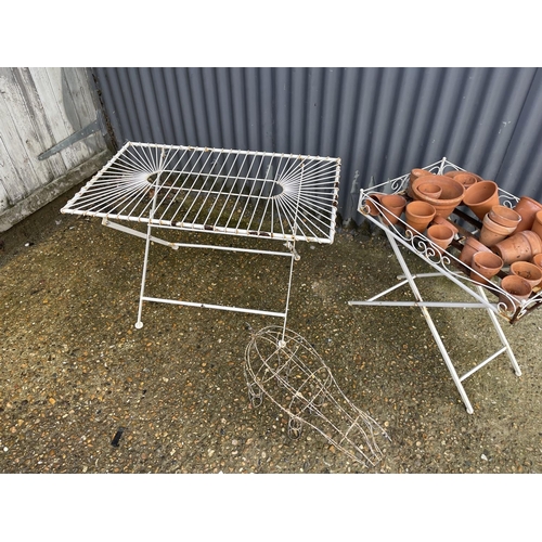 97 - Vintage white painted wirework table together with matching tray top potting table filled with terra... 