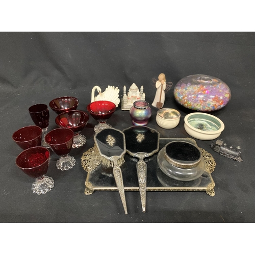 527 - Dressing table set, Ruby coloured glassware and sundry ornaments