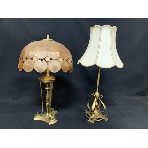 529 - 1 brass Art Nouveau table lamp and cream shade and 1 other antique style brass lamp, tallest 62cms