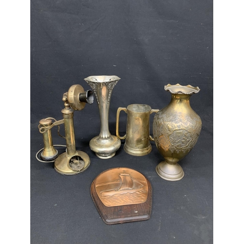 534 - Brass candlestick Phone a/f, 3 metal vases and plaque