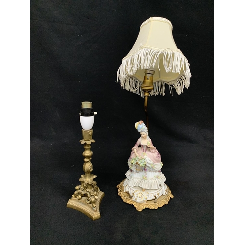 535 - Capo De Monte Style Lady Figure lamp on brass base and 1 other brass lamp