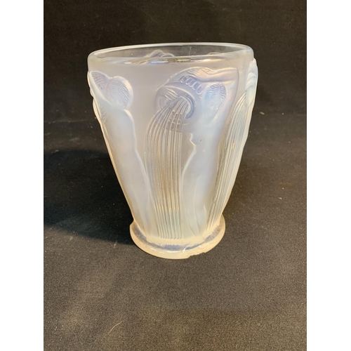 549 - Rene Lalique Danaides opaque glass vase, engraved R Lalique, France to base, height 18.5cms, diamete... 