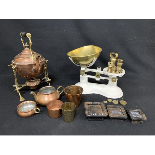 572 - Cast Iron scales and weights, Copper kettle on stand and other copperware