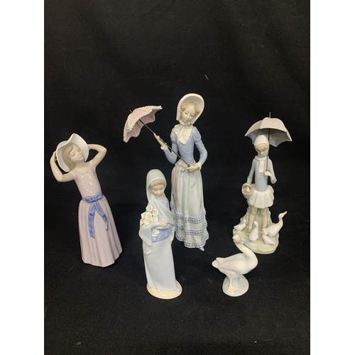 623 - 5 Lladro figures, Lady with pink parasol repair to one hand