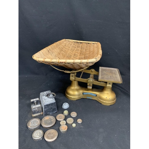 662 - Vintage baby weighing scales, weights and basket