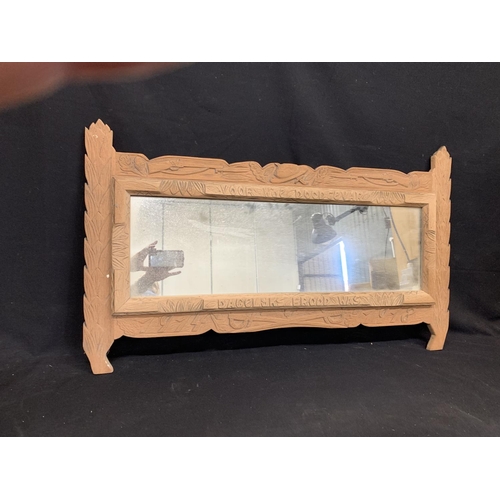 665 - Carved wooden framed mirror, commemorating 1914 -1918 World War, overall length 93cms x 54cms