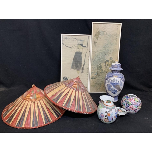 670 - 2 Coolie hats, 2 oriental pictures and china