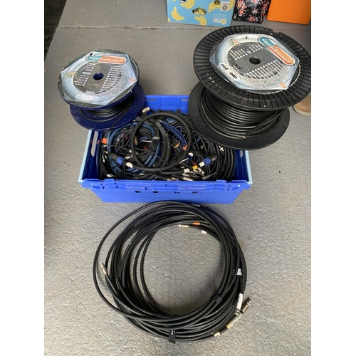 676 - Crate and 2 part reels of professional audio cables