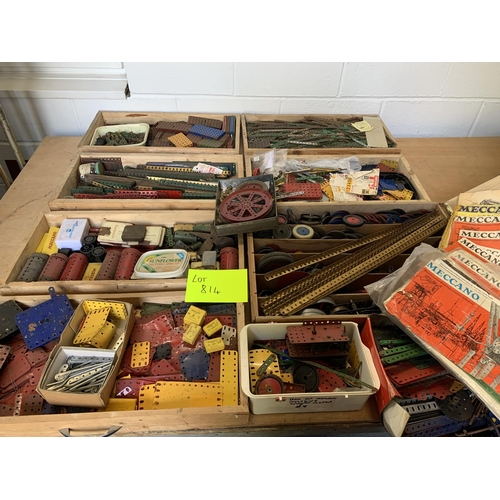 814 - Seven wooden trays and crate of vintage Meccano parts and construction manuals