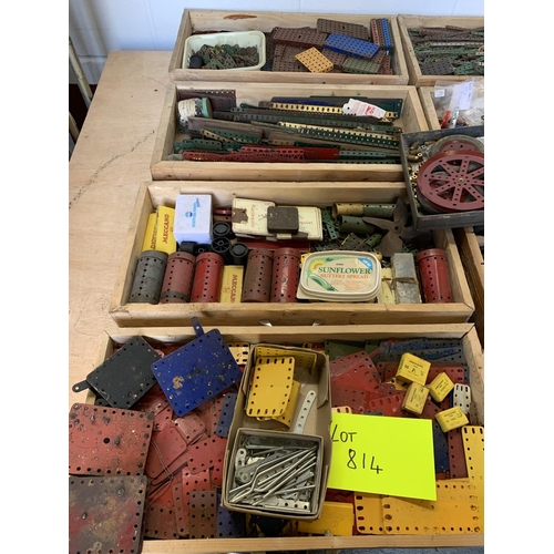 814 - Seven wooden trays and crate of vintage Meccano parts and construction manuals