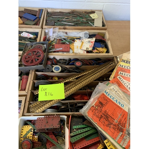 814 - Seven wooden trays and crate of vintage Meccano parts and construction manuals