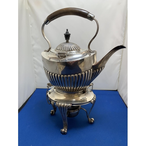 826 - Hallmarked Silver Spirit Kettle on stand with Silver burner, total gross weight 37.5 ozt