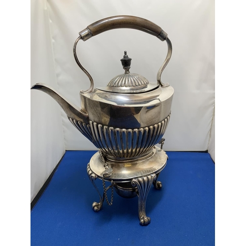 826 - Hallmarked Silver Spirit Kettle on stand with Silver burner, total gross weight 37.5 ozt