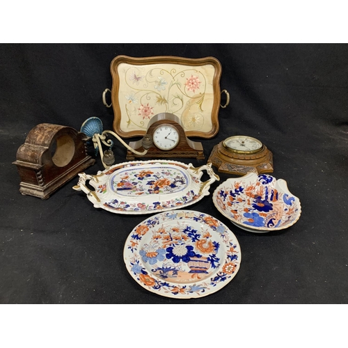 906 - Masons china, clock and case & barometer, tray and wall light