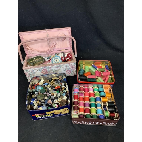 962 - Sewing basket and contents, tin of buttons and two tins of sewing thread