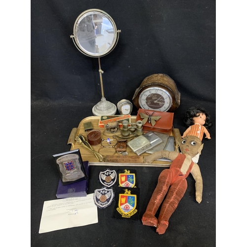 963 - Collection of vintage collectables, Merrythought doll, shaving mirror, football badges