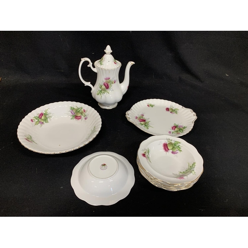 979 - Royal Albert Highland Thistle Coffee Pot, Fruit Set, cake plate