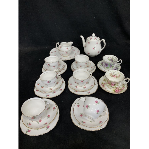 981 - Colclough Teapot and teaware plus two Royal Albert Flowers of the month cups and saucers (all vgc)