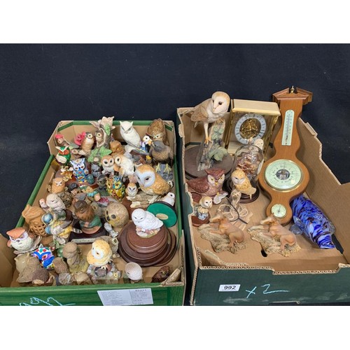 992 - Two Trays of figures, mainly owls including large Border Fine Arts owl, barometer & clock