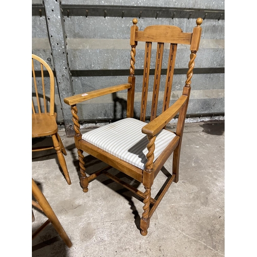 205 - An oak carver chair, stick back, stool and white table