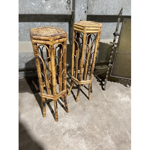 206 - Two fire guards and three bamboo occasional tables